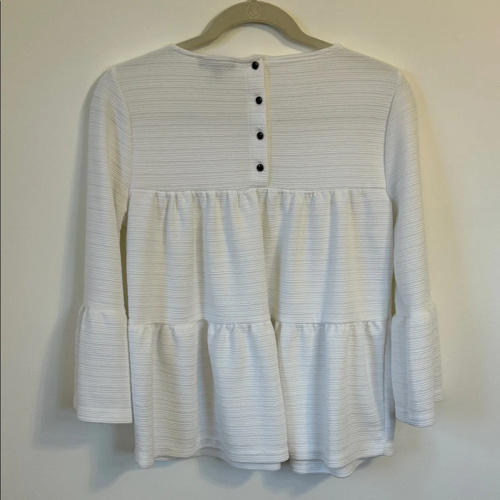 J. Crew White Ribbed Tiered Button Back Top